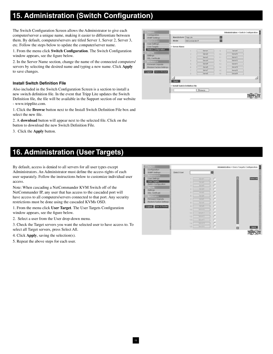 Tripp Lite B070-016-19-IP Administration Switch Configuration, Administration User Targets, Install Switch Definition File 