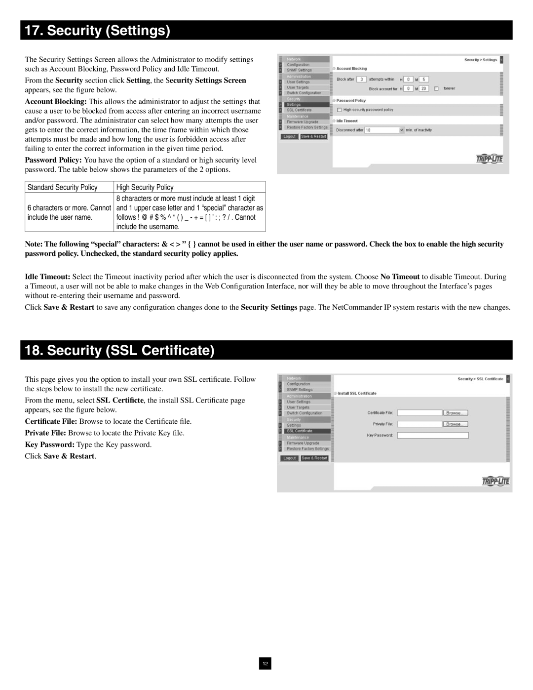 Tripp Lite B070-016-19-IP warranty Security Settings, Security SSL Certificate, Click Save & Restart 