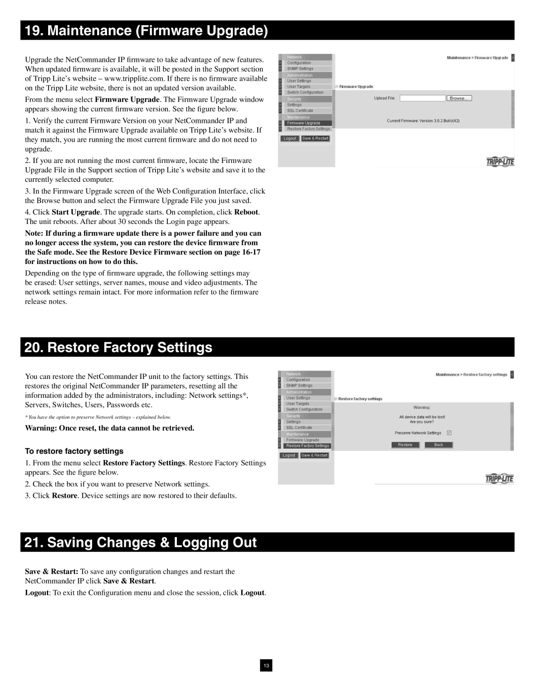 Tripp Lite B070-016-19-IP warranty Maintenance Firmware Upgrade, Restore Factory Settings, Saving Changes & Logging Out 