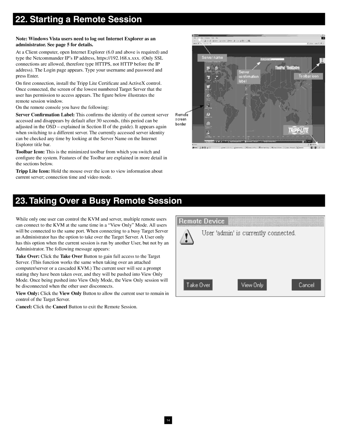 Tripp Lite B070-016-19-IP warranty Starting a Remote Session, Taking Over a Busy Remote Session 