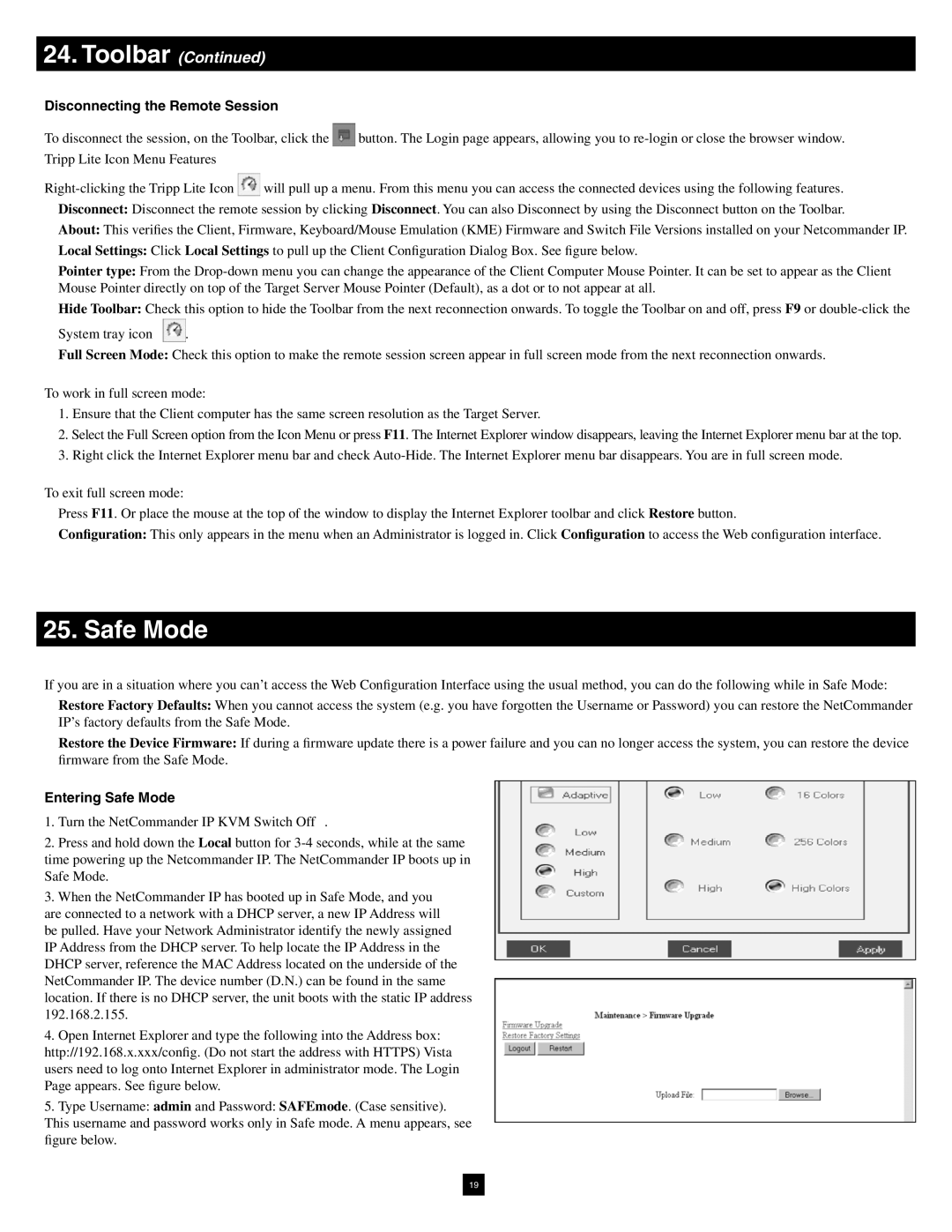 Tripp Lite B070-016-19-IP warranty Disconnecting the Remote Session, Entering Safe Mode 