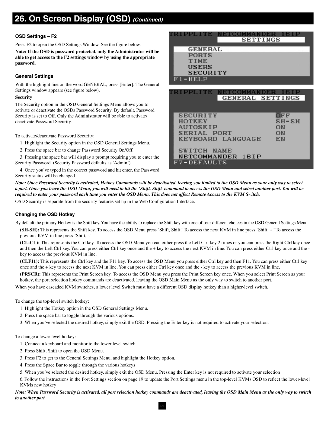 Tripp Lite B070-016-19-IP warranty OSD Settings F2, General Settings, Security, Changing the OSD Hotkey 