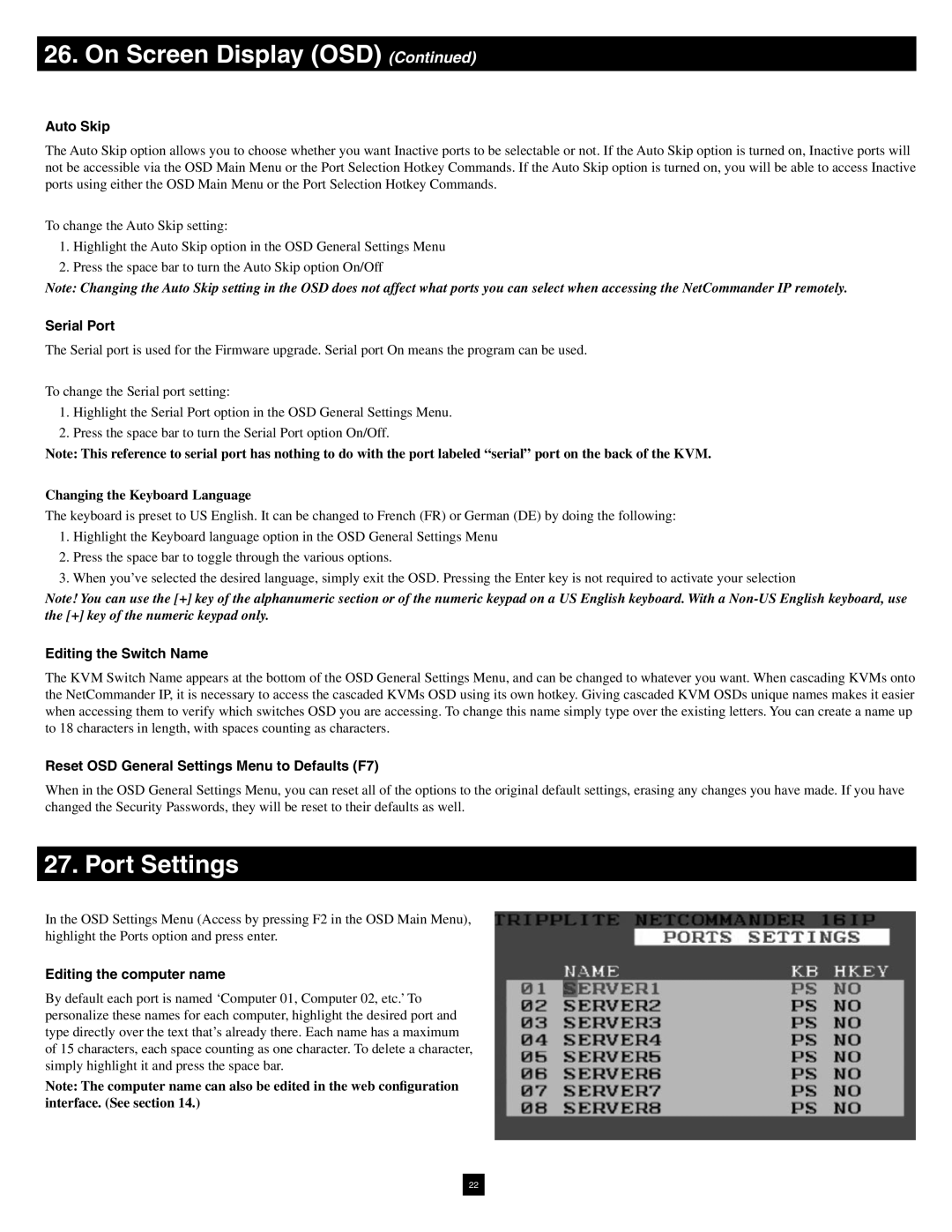 Tripp Lite B070-016-19-IP warranty Port Settings 