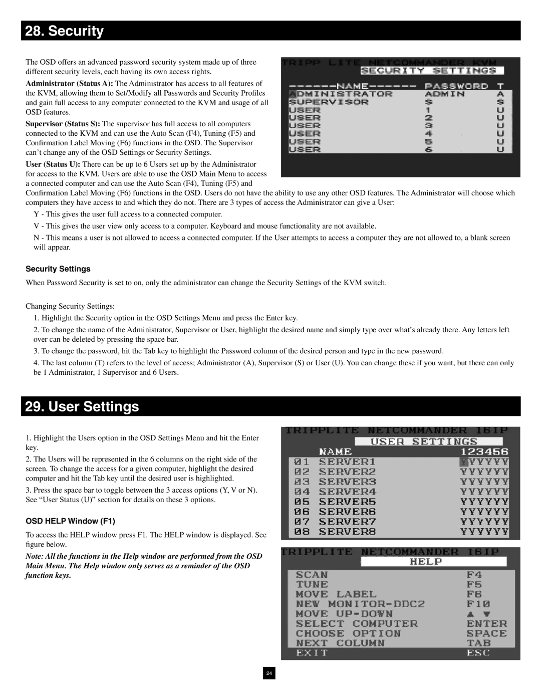 Tripp Lite B070-016-19-IP warranty User Settings, Security Settings, OSD Help Window F1 