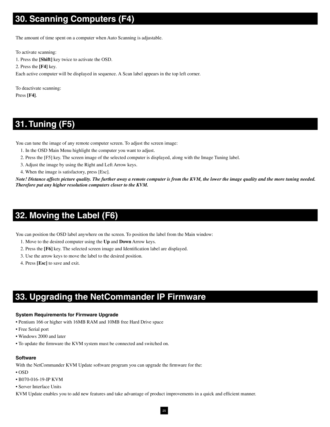 Tripp Lite B070-016-19-IP Scanning Computers F4, Tuning F5, Moving the Label F6, Upgrading the NetCommander IP Firmware 