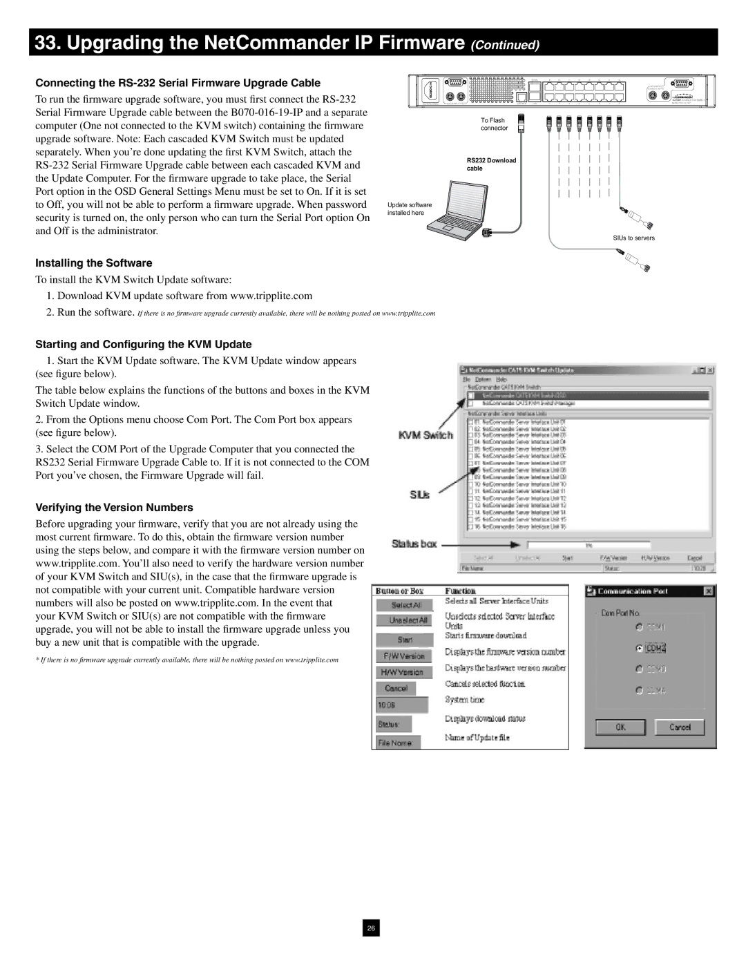 Tripp Lite B070-016-19-IP warranty Connecting the RS-232 Serial Firmware Upgrade Cable, Installing the Software 