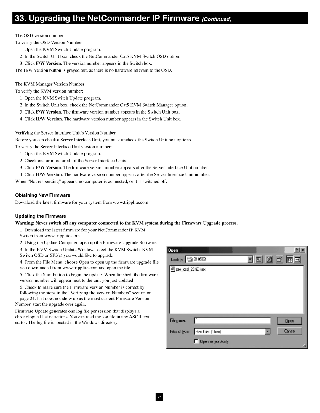 Tripp Lite B070-016-19-IP warranty Obtaining New Firmware Updating the Firmware 