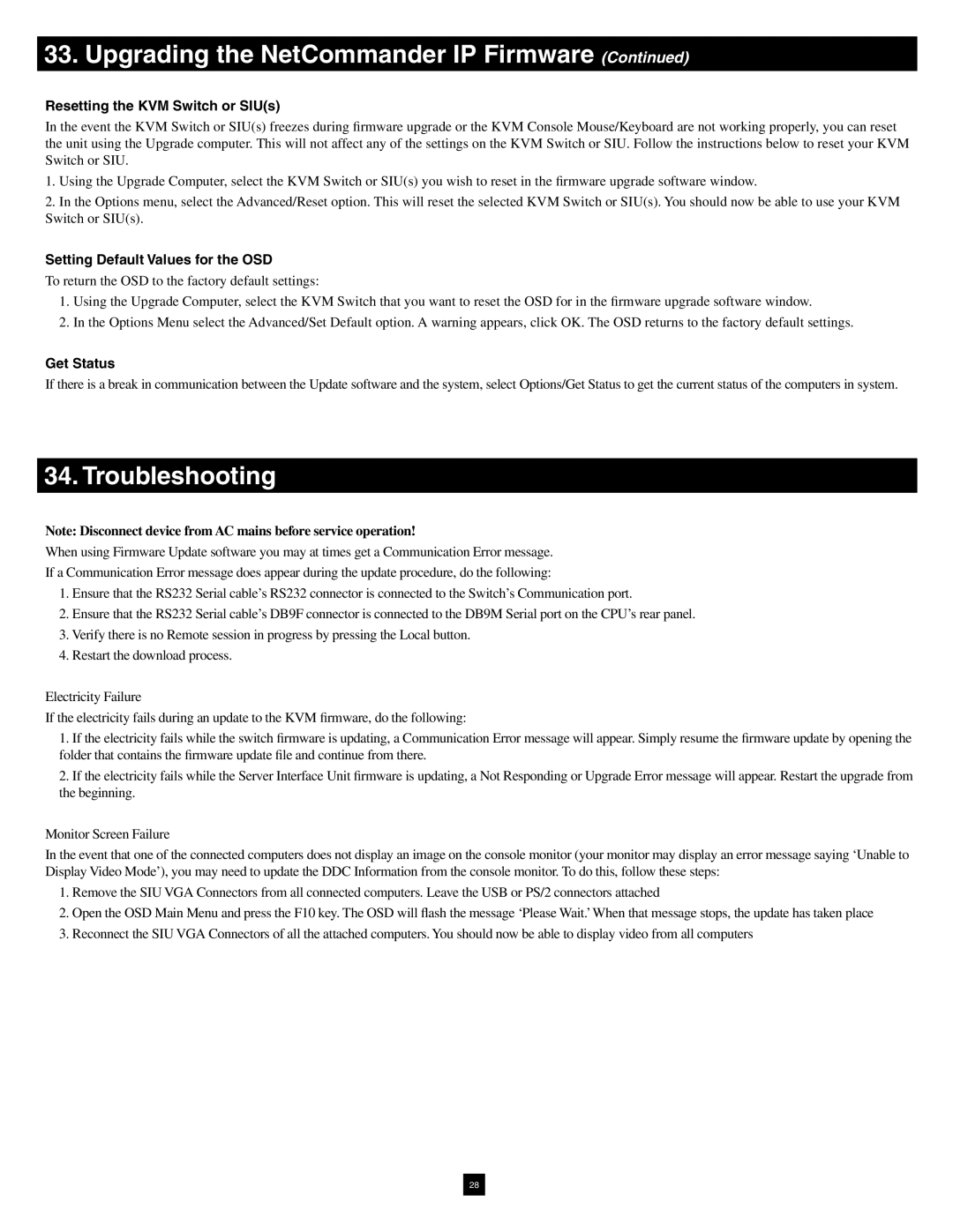 Tripp Lite B070-016-19-IP warranty Troubleshooting, Resetting the KVM Switch or SIUs, Setting Default Values for the OSD 