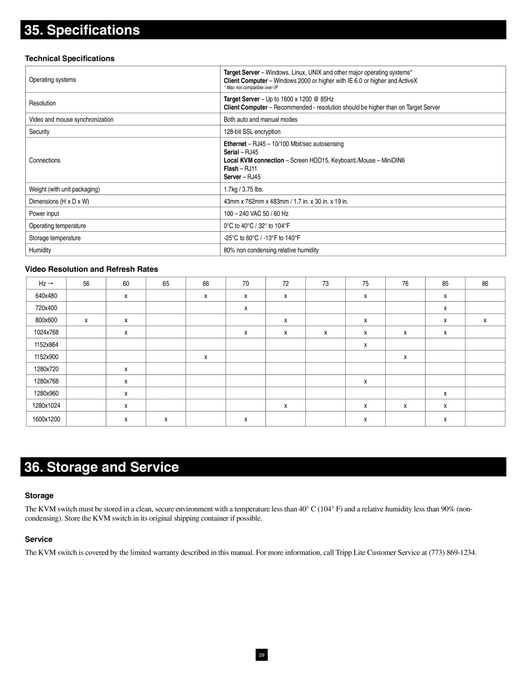 Tripp Lite B070-016-19-IP warranty Specifications, Storage and Service 