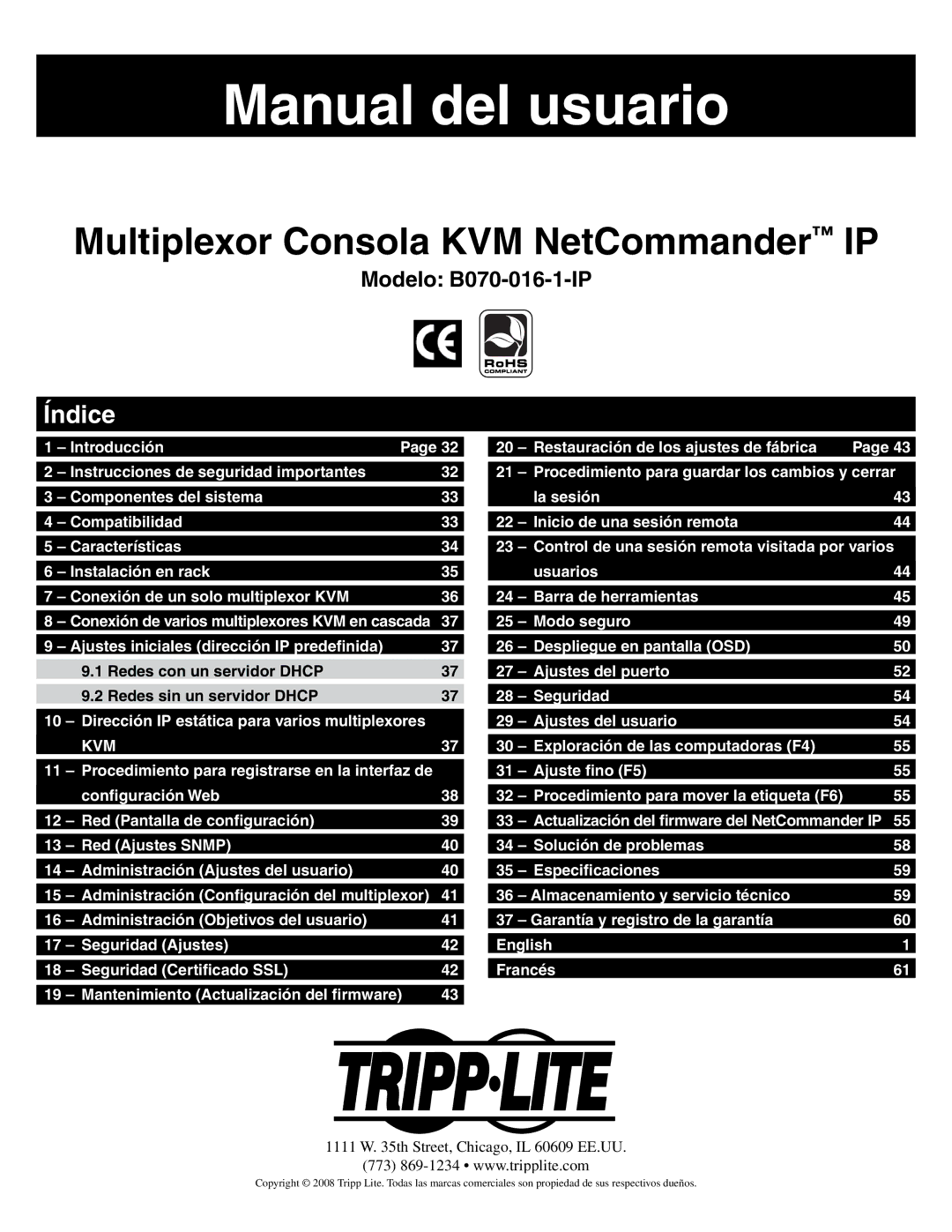 Tripp Lite B070-016-19-IP warranty Manual del usuario, Índice 