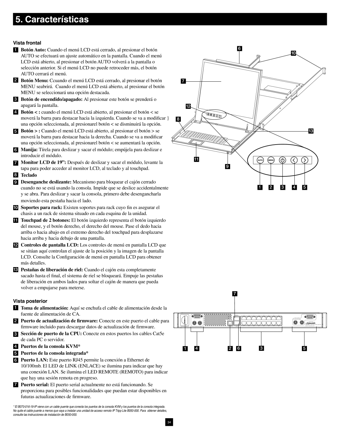 Tripp Lite B070-016-19-IP warranty Características, Vista frontal, 88. Teclado, Vista posterior 