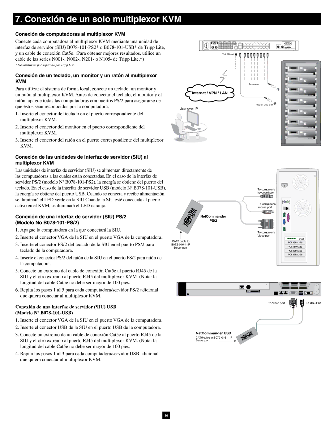 Tripp Lite B070-016-19-IP warranty Conexión de un solo multiplexor KVM, Conexión de computadoras al multiplexor KVM 