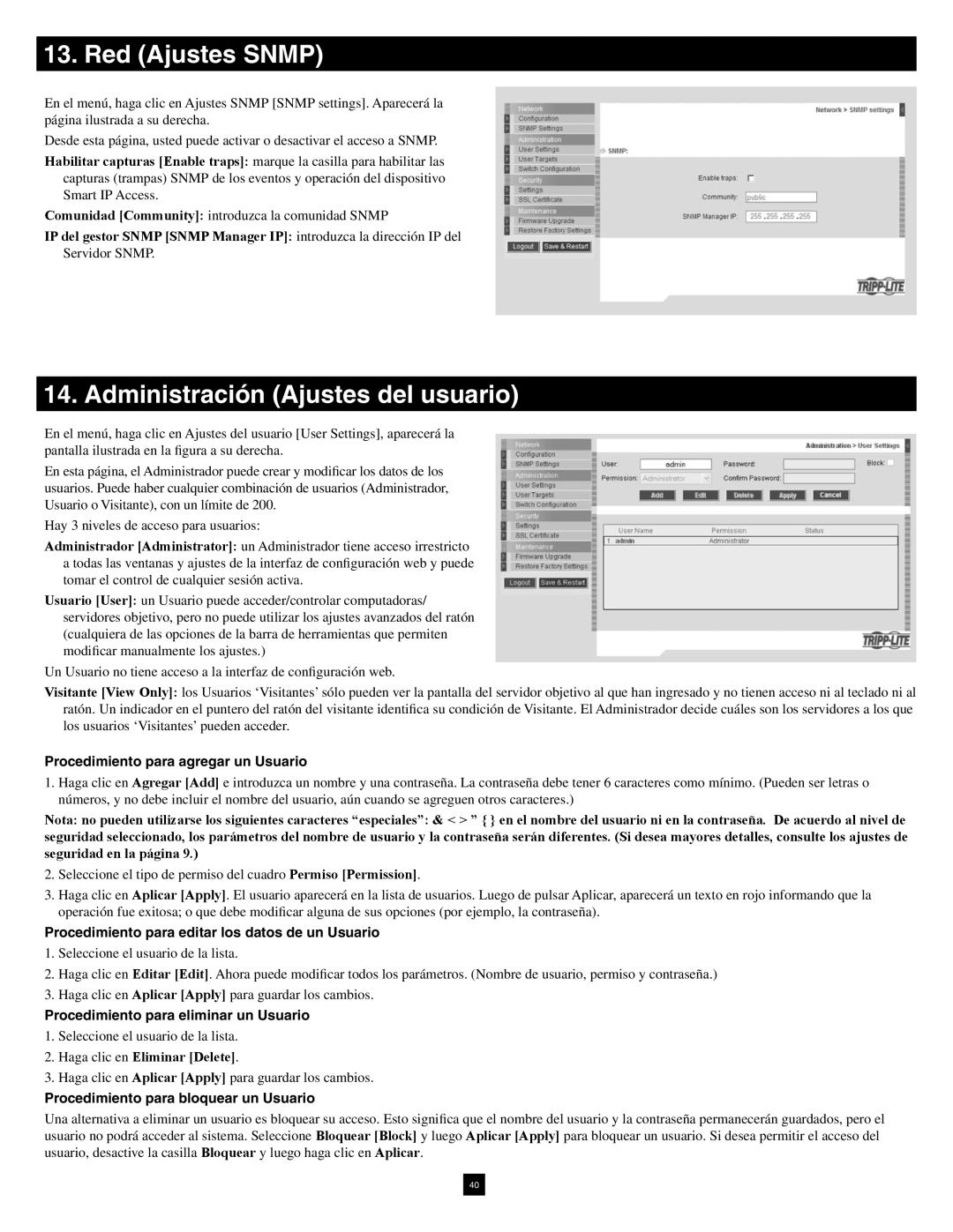 Tripp Lite B070-016-19-IP warranty Red Ajustes Snmp, Administración Ajustes del usuario 