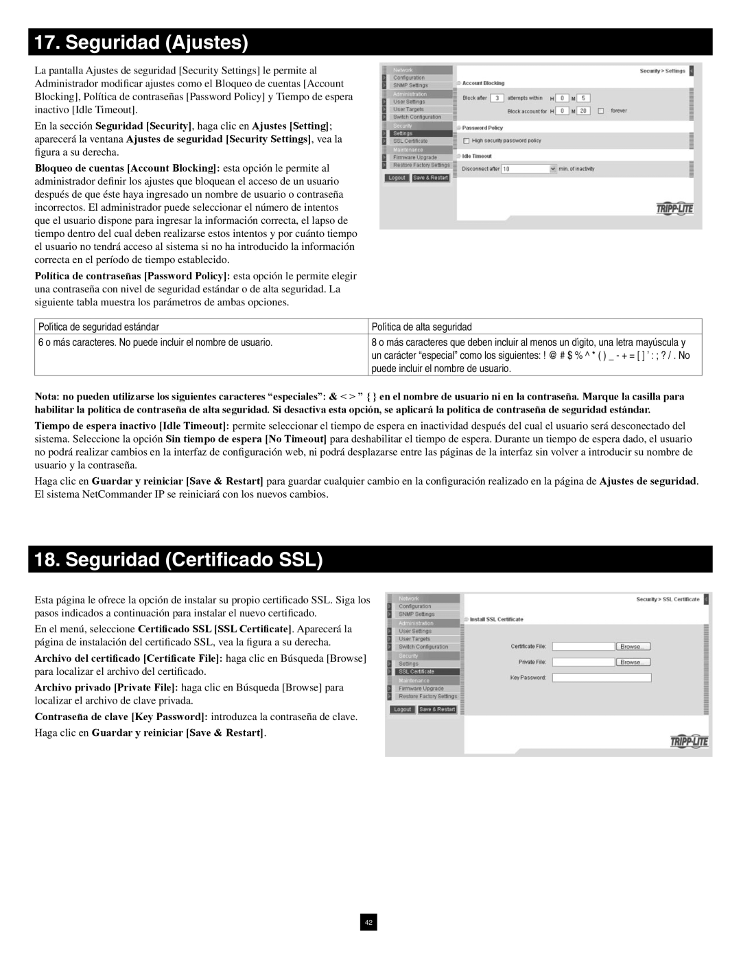 Tripp Lite B070-016-19-IP warranty Seguridad Ajustes, Seguridad Certificado SSL 