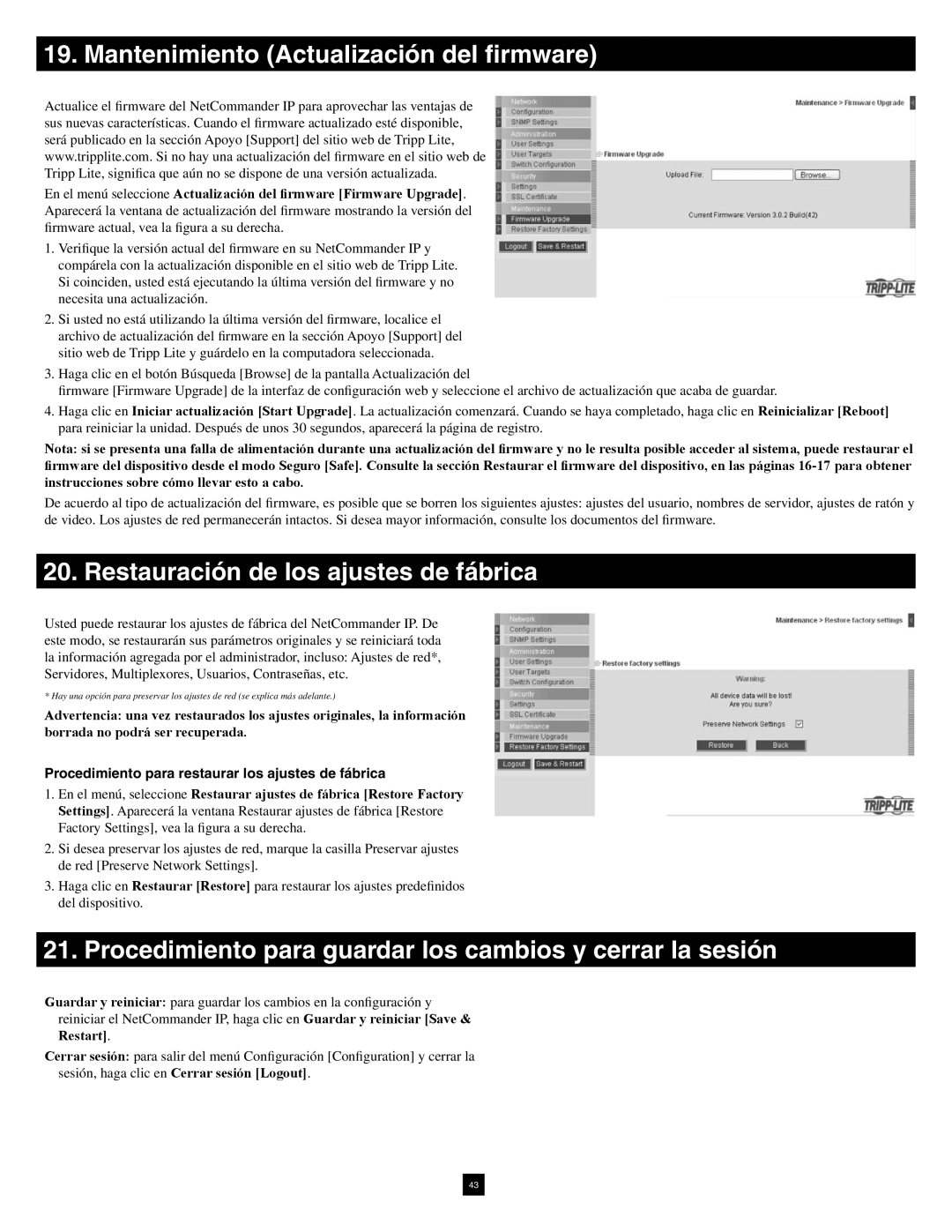 Tripp Lite B070-016-19-IP warranty Mantenimiento Actualización del firmware, Restauración de los ajustes de fábrica 