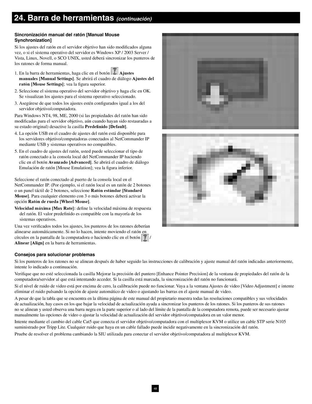 Tripp Lite B070-016-19-IP Sincronización manual del ratón Manual Mouse Synchronization, Consejos para solucionar problemas 