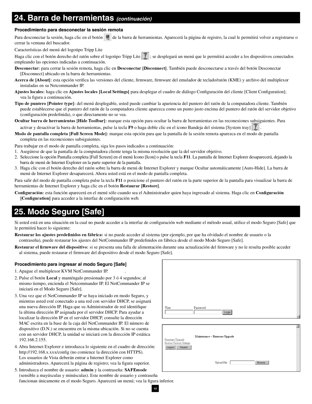 Tripp Lite B070-016-19-IP warranty Modo Seguro Safe, Procedimiento para desconectar la sesión remota 