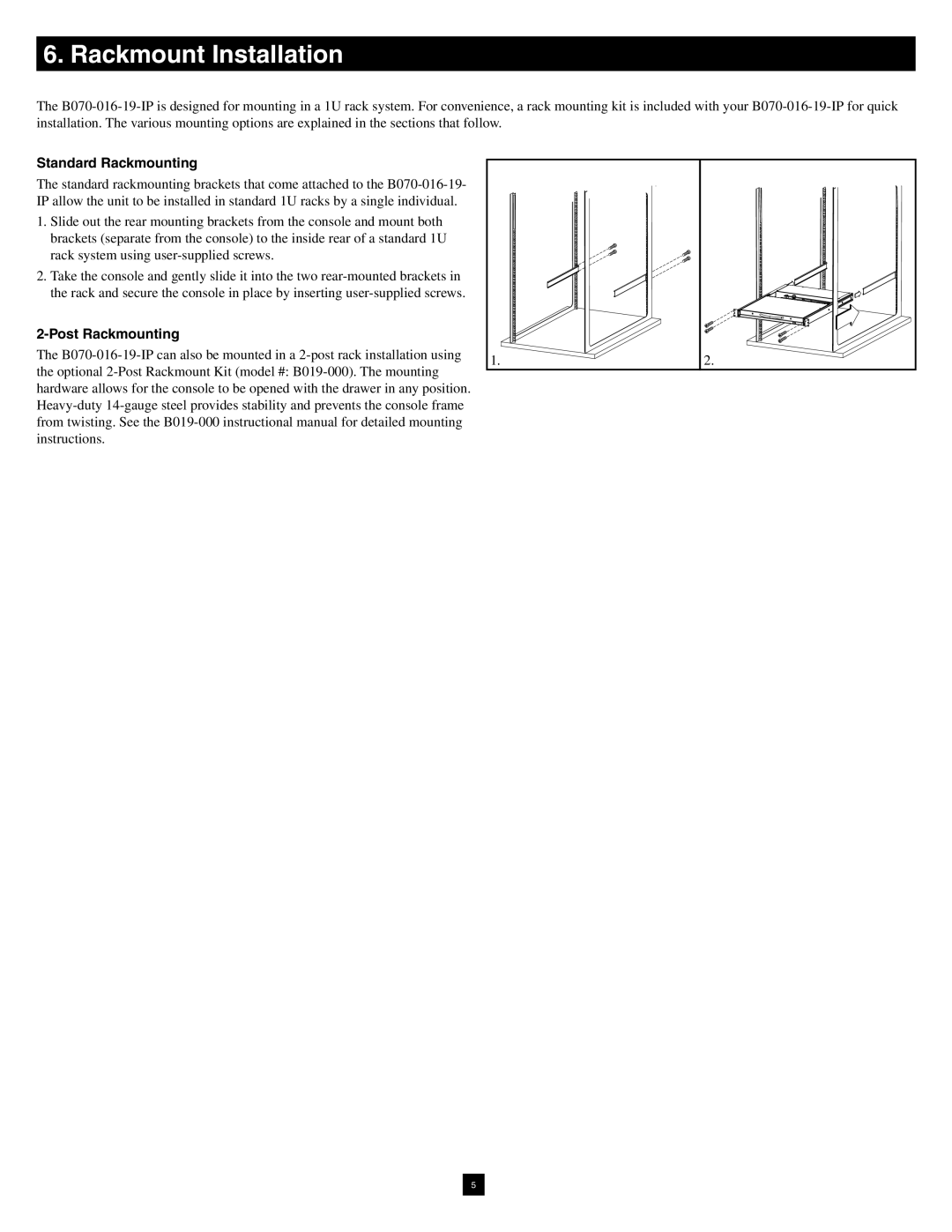 Tripp Lite B070-016-19-IP warranty Rackmount Installation, Standard Rackmounting, Post Rackmounting 