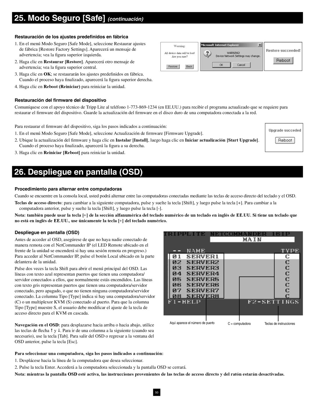 Tripp Lite B070-016-19-IP warranty Modo Seguro Safe continuación, Despliegue en pantalla OSD 