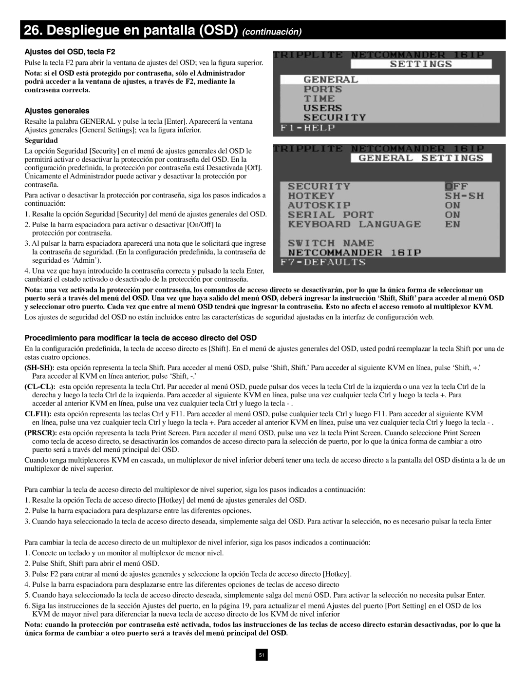 Tripp Lite B070-016-19-IP Despliegue en pantalla OSD continuación, Ajustes del OSD, tecla F2, Ajustes generales, Seguridad 