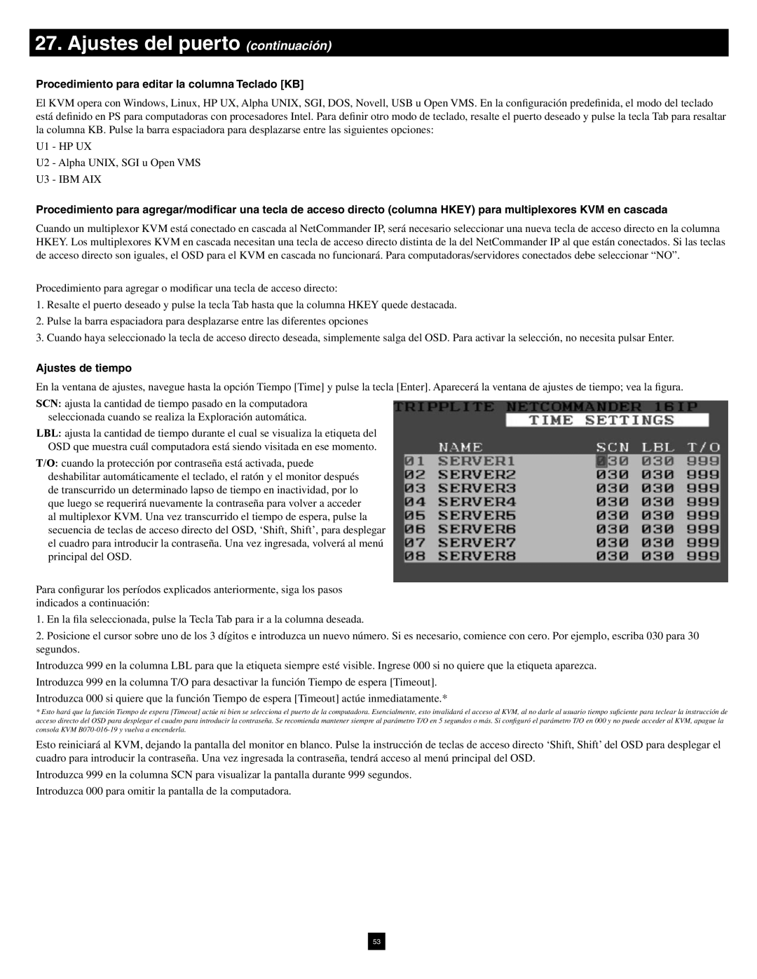 Tripp Lite B070-016-19-IP warranty Ajustes del puerto continuación, Procedimiento para editar la columna Teclado KB 