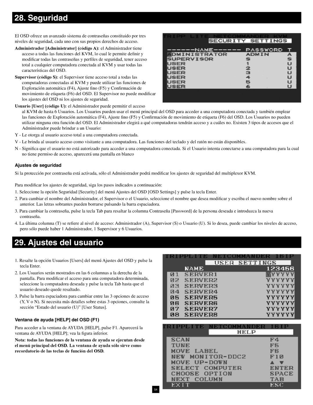 Tripp Lite B070-016-19-IP warranty Seguridad, Ajustes del usuario, Ajustes de seguridad, Ventana de ayuda Help del OSD F1 