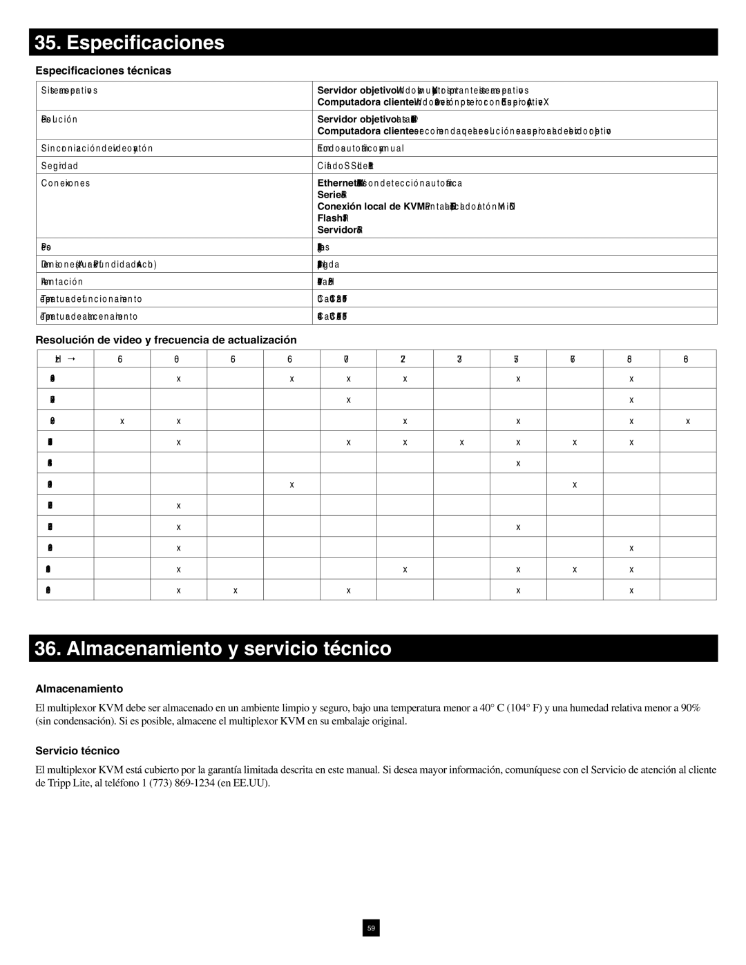 Tripp Lite B070-016-19-IP warranty Especificaciones, Almacenamiento y servicio técnico 