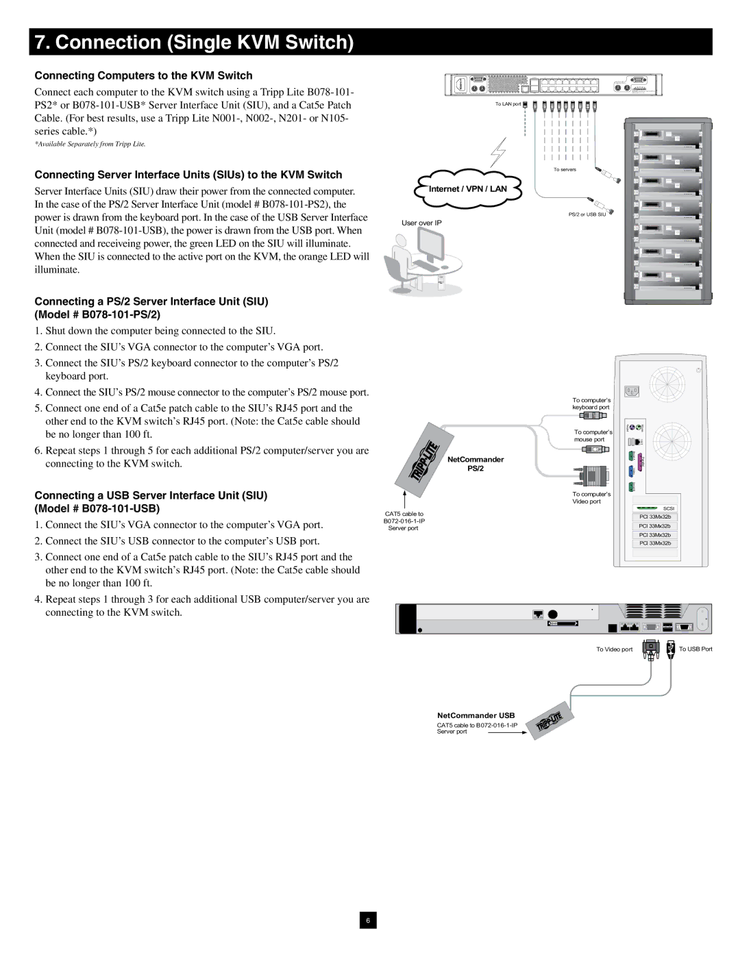 Tripp Lite B070-016-19-IP warranty Connection Single KVM Switch, Connecting Computers to the KVM Switch 