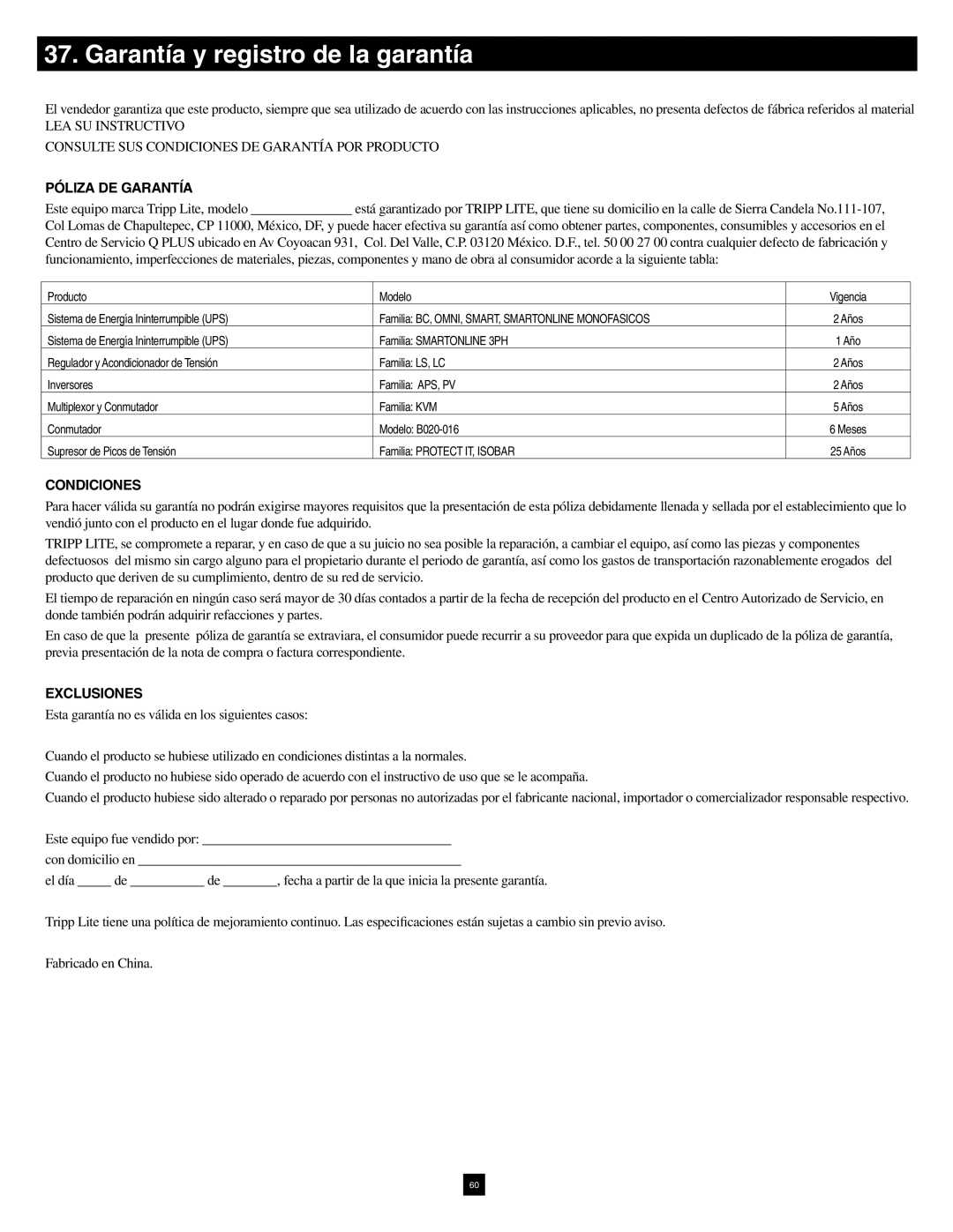 Tripp Lite B070-016-19-IP warranty Garantía y registro de la garantía, Póliza DE Garantía 