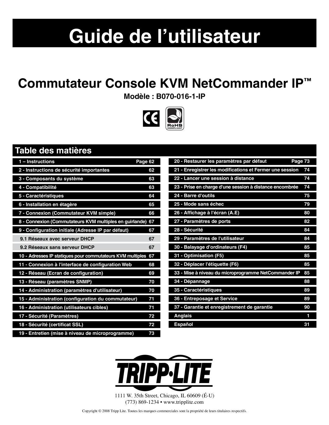 Tripp Lite B070-016-19-IP warranty Guide de l’utilisateur, Table des matières 