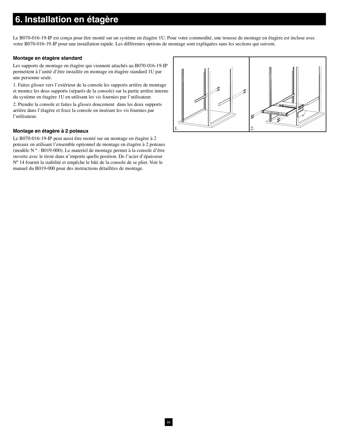 Tripp Lite B070-016-19-IP warranty Installation en étagère, Montage en étagère standard, Montage en étagère à 2 poteaux 