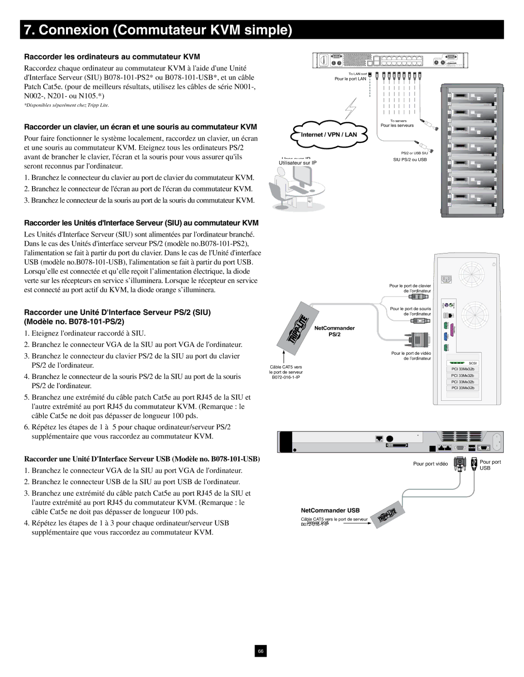 Tripp Lite B070-016-19-IP warranty Connexion Commutateur KVM simple, Raccorder les ordinateurs au commutateur KVM 