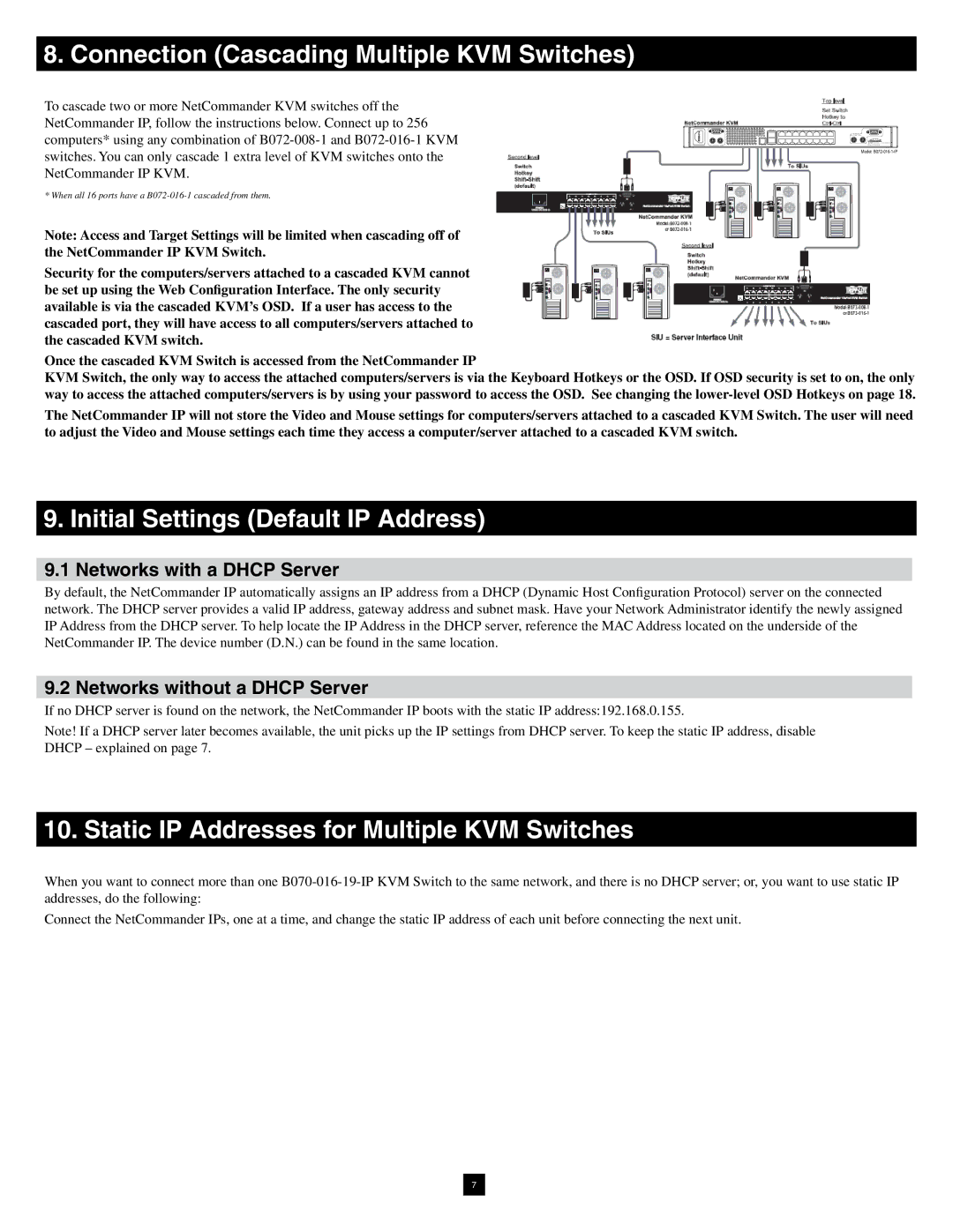 Tripp Lite B070-016-19-IP warranty Connection Cascading Multiple KVM Switches, Initial Settings Default IP Address 