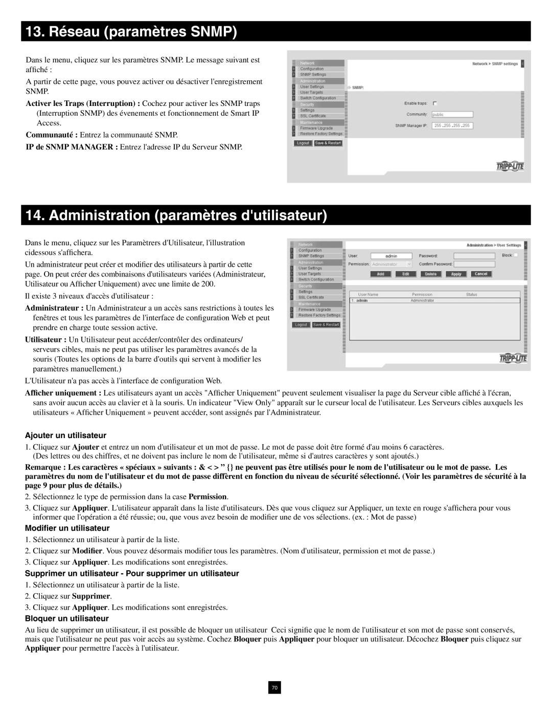 Tripp Lite B070-016-19-IP warranty 13. Réseau paramètres Snmp, Administration paramètres dutilisateur 