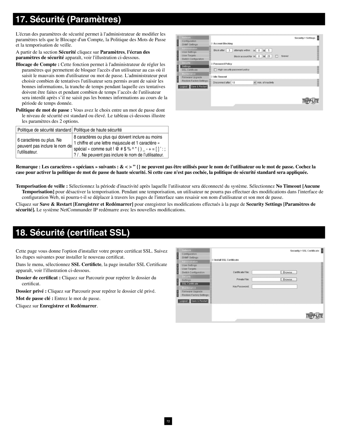 Tripp Lite B070-016-19-IP 17. Sécurité Paramètres, 18. Sécurité certificat SSL, Cliquez sur Enregistrer et Redémarrer 