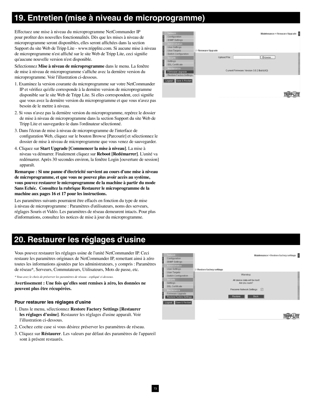 Tripp Lite B070-016-19-IP warranty Entretien mise à niveau de microprogramme, Restaurer les réglages dusine 