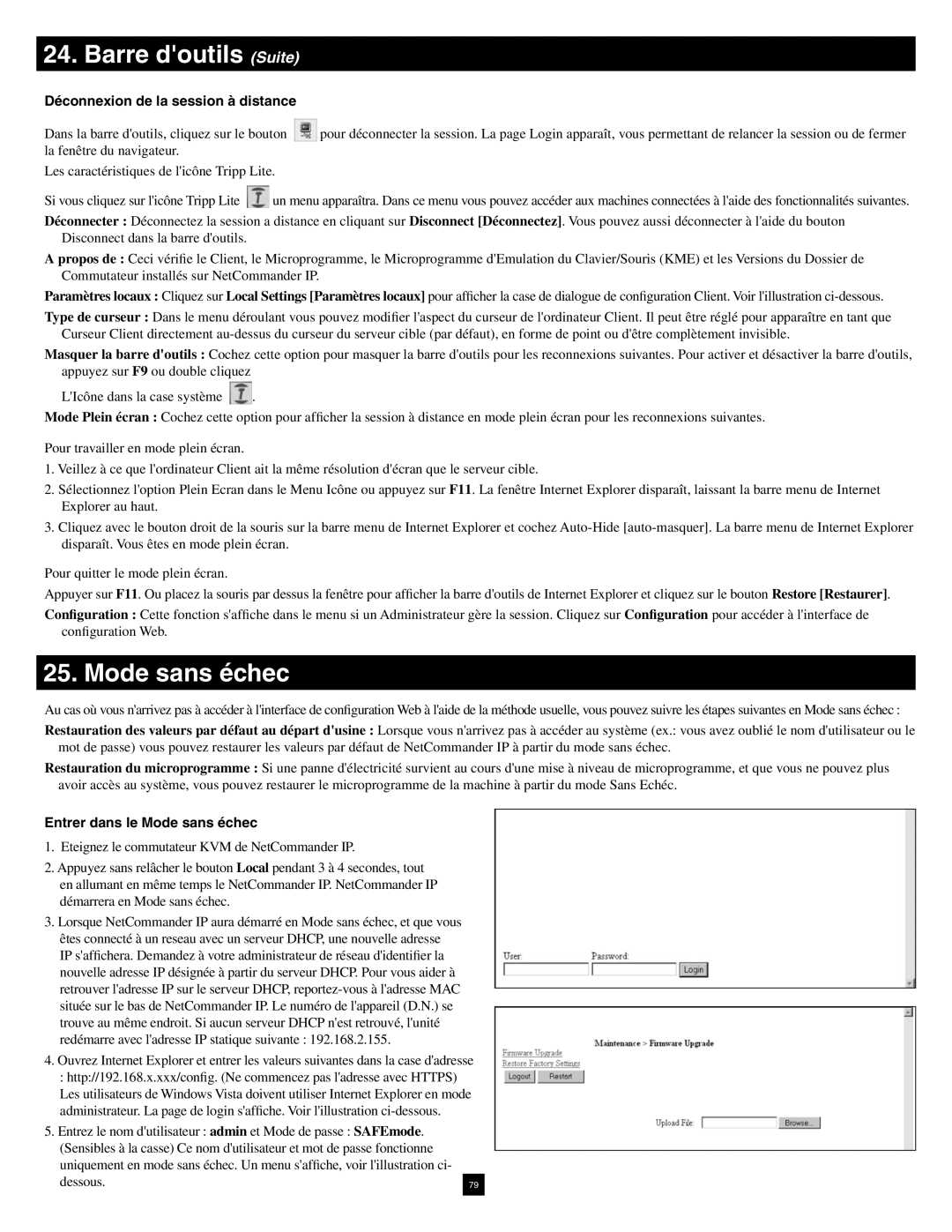 Tripp Lite B070-016-19-IP warranty Déconnexion de la session à distance, Entrer dans le Mode sans échec 