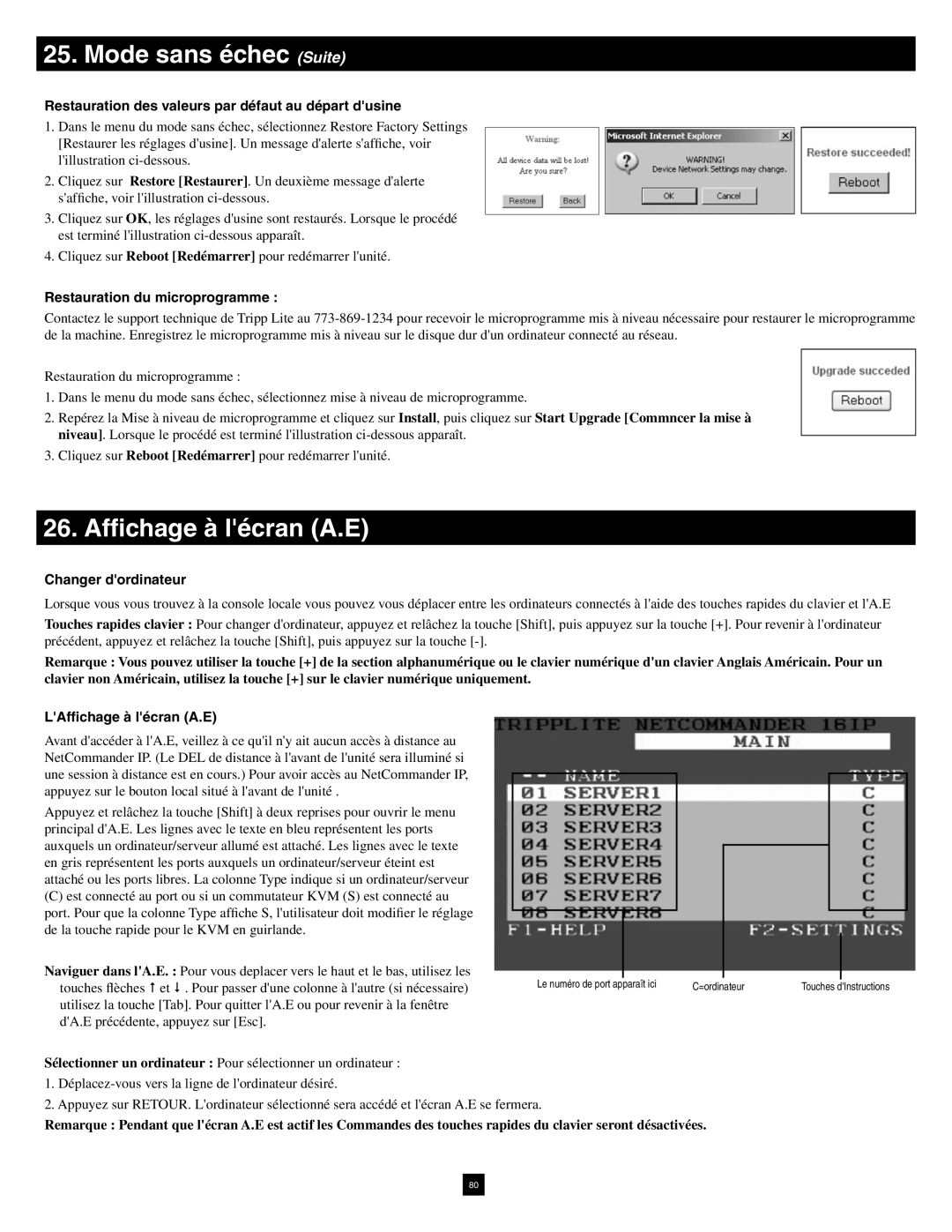 Tripp Lite B070-016-19-IP warranty Mode sans échec Suite, Affichage à lécran A.E 