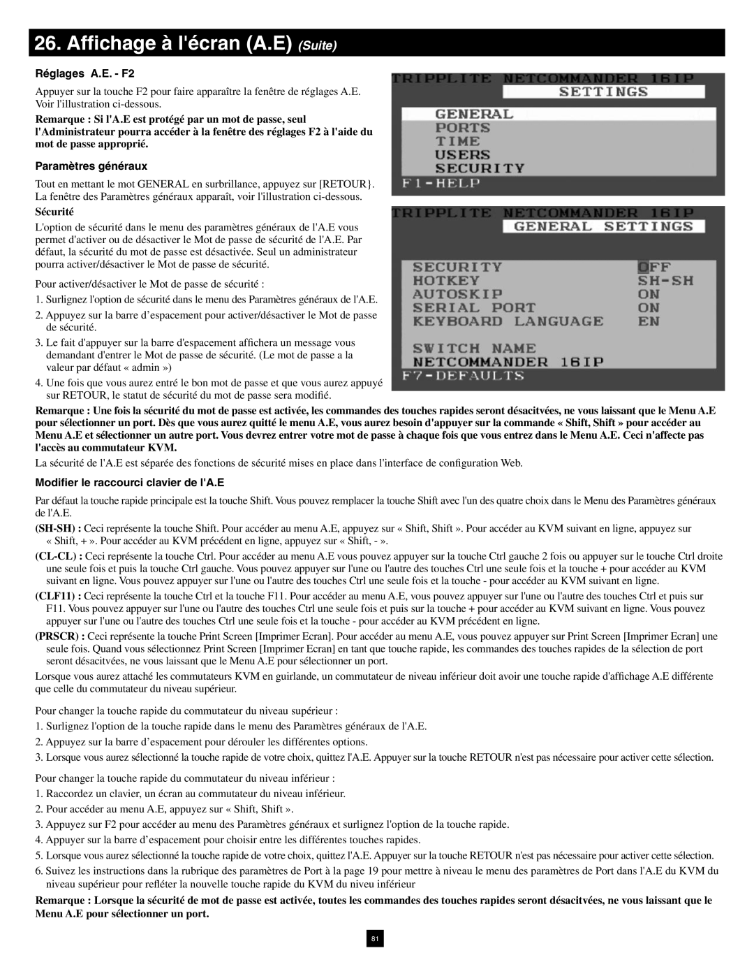 Tripp Lite B070-016-19-IP warranty Affichage à lécran A.E Suite, Réglages A.E. F2, Paramètres généraux, Sécurité 