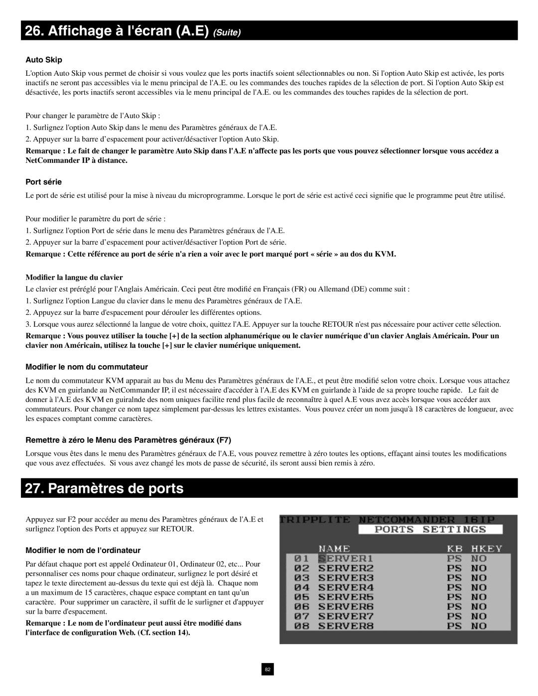 Tripp Lite B070-016-19-IP Paramètres de ports, Port série, Modifier le nom du commutateur, Modifier le nom de lordinateur 