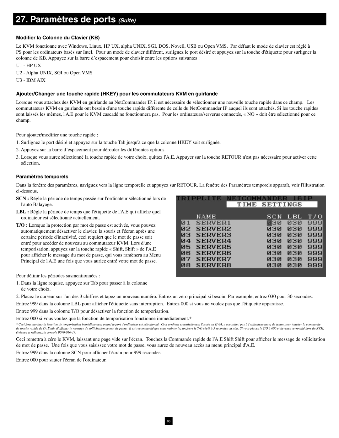 Tripp Lite B070-016-19-IP warranty Paramètres de ports Suite, Modifier la Colonne du Clavier KB, Paramètres temporels 