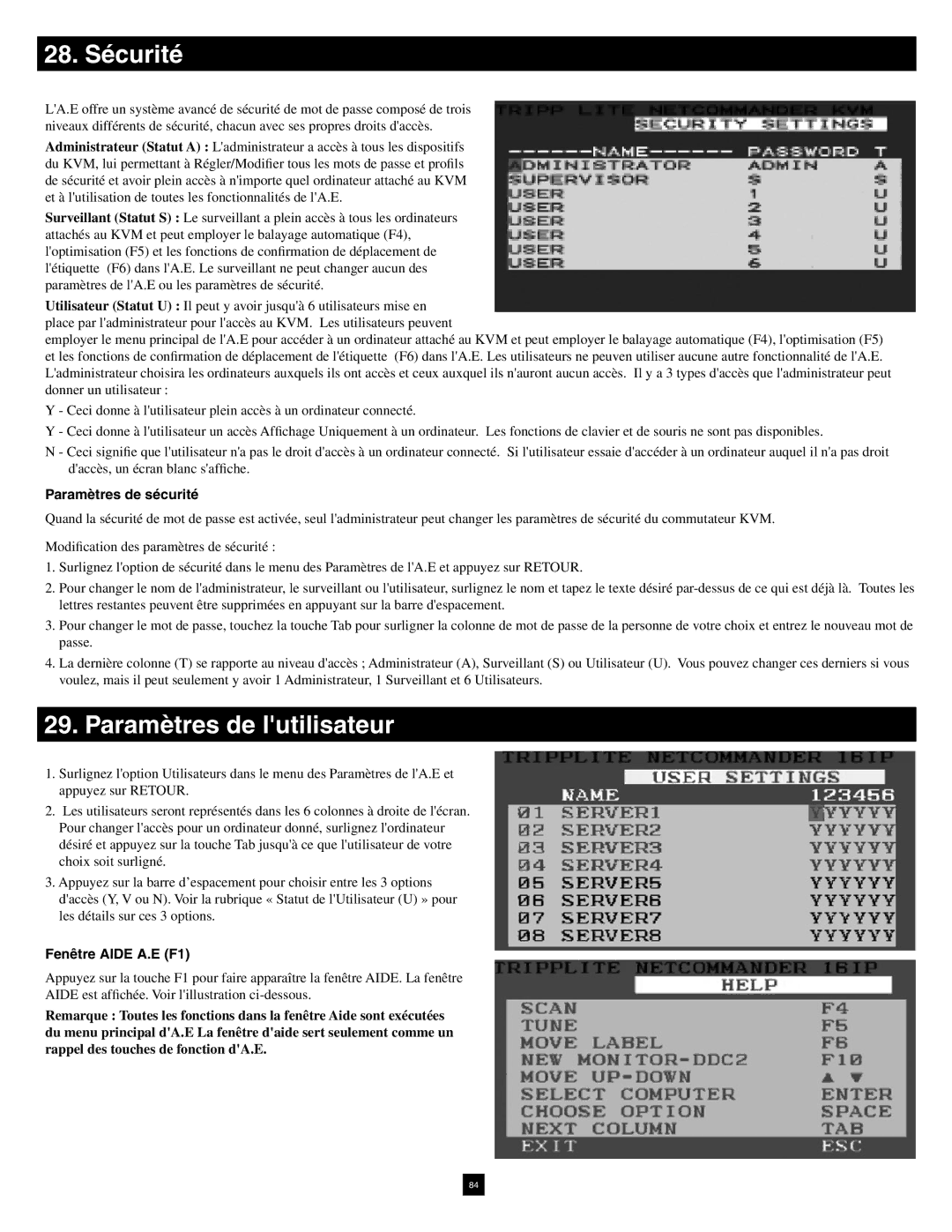 Tripp Lite B070-016-19-IP warranty 28. Sécurité, Paramètres de lutilisateur, Paramètres de sécurité, Fenêtre Aide A.E F1 