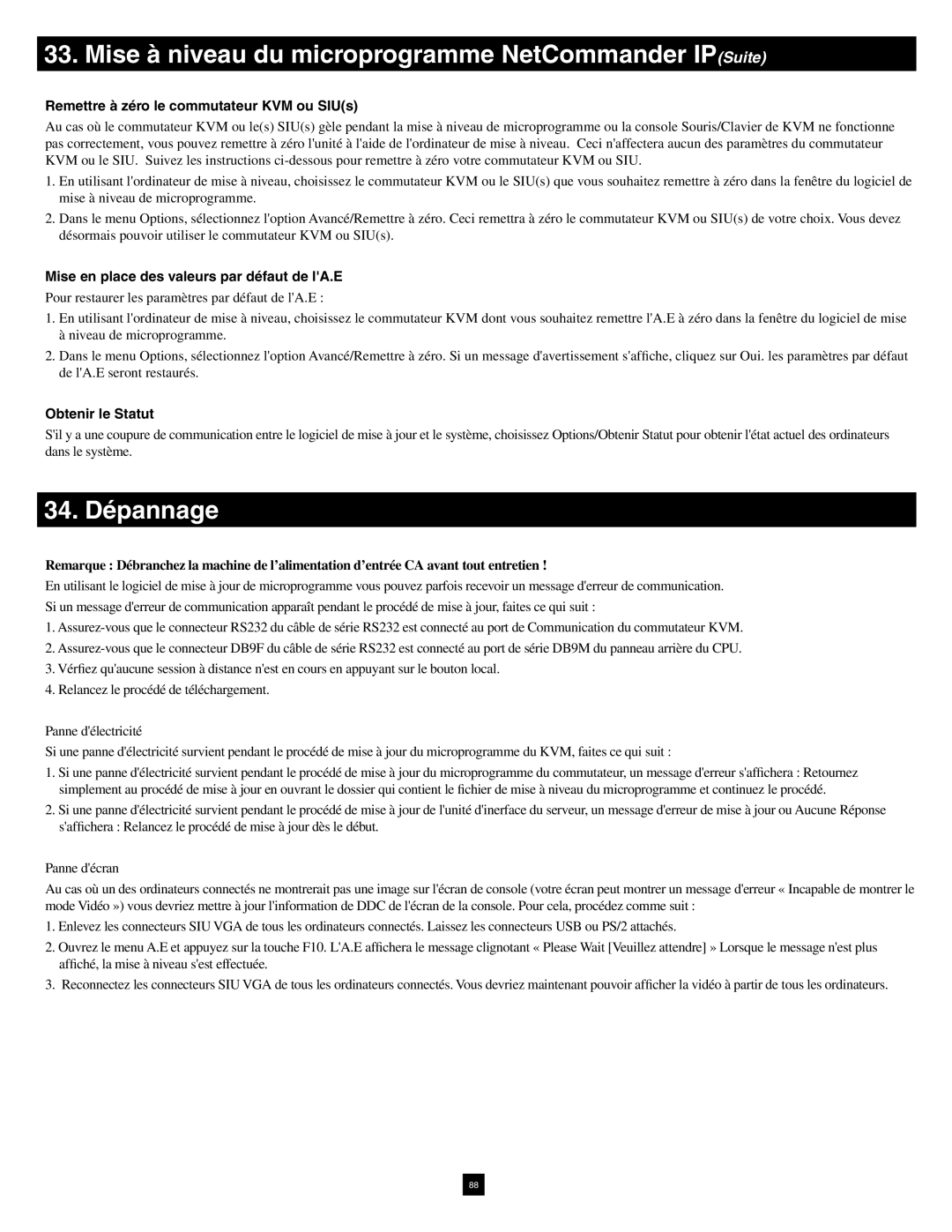 Tripp Lite B070-016-19-IP warranty 34. Dépannage, Remettre à zéro le commutateur KVM ou SIUs, Obtenir le Statut 