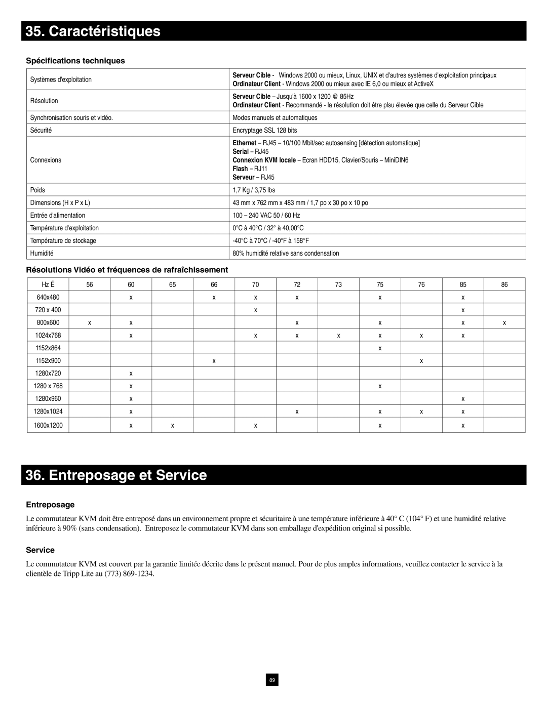 Tripp Lite B070-016-19-IP warranty Entreposage et Service, Spécifications techniques 