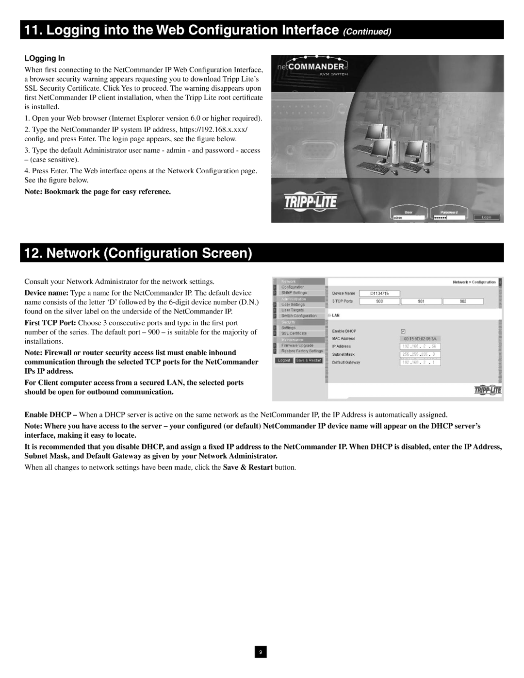 Tripp Lite B070-016-19-IP warranty Network Configuration Screen, LOgging 