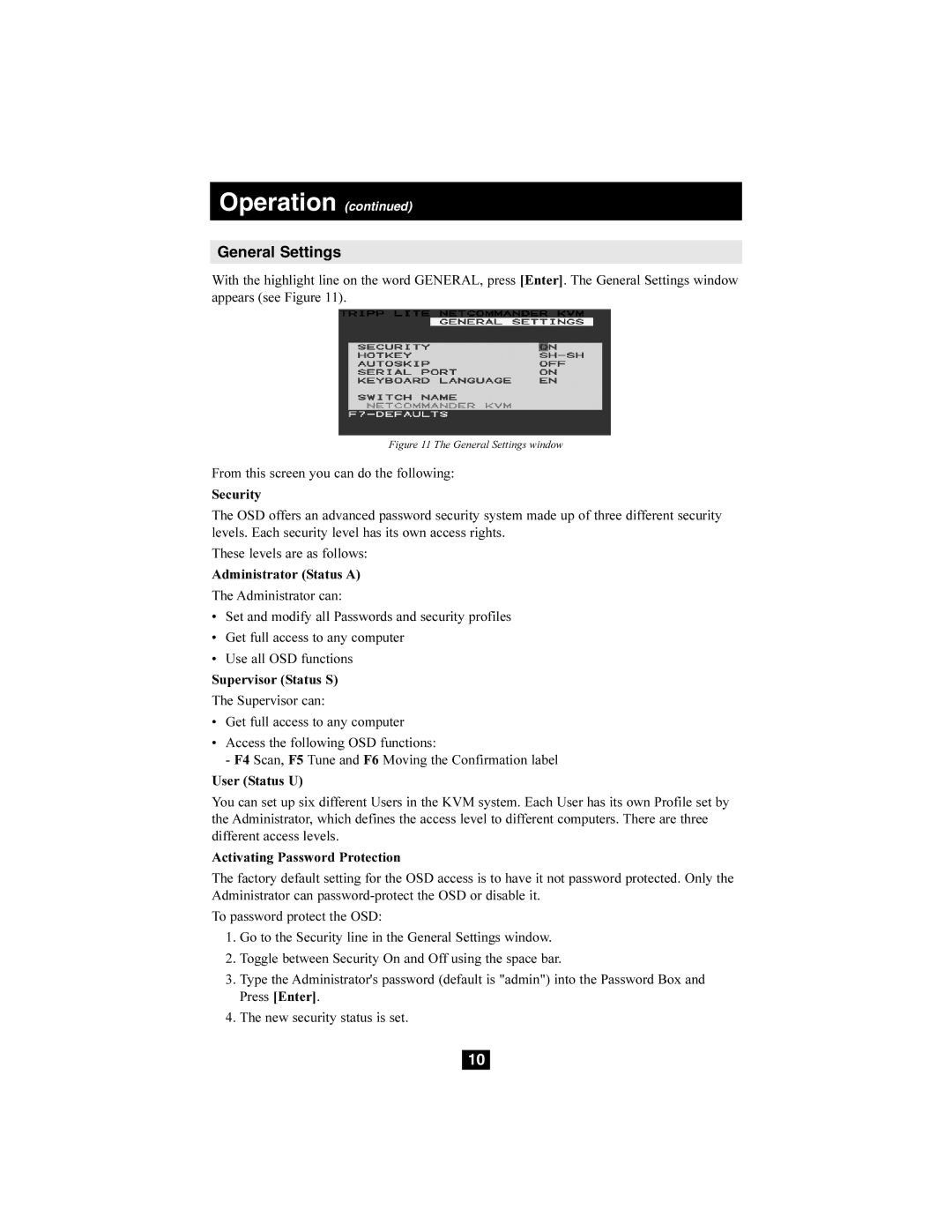 Tripp Lite B072-008-1, B072-016-1 owner manual General Settings window 