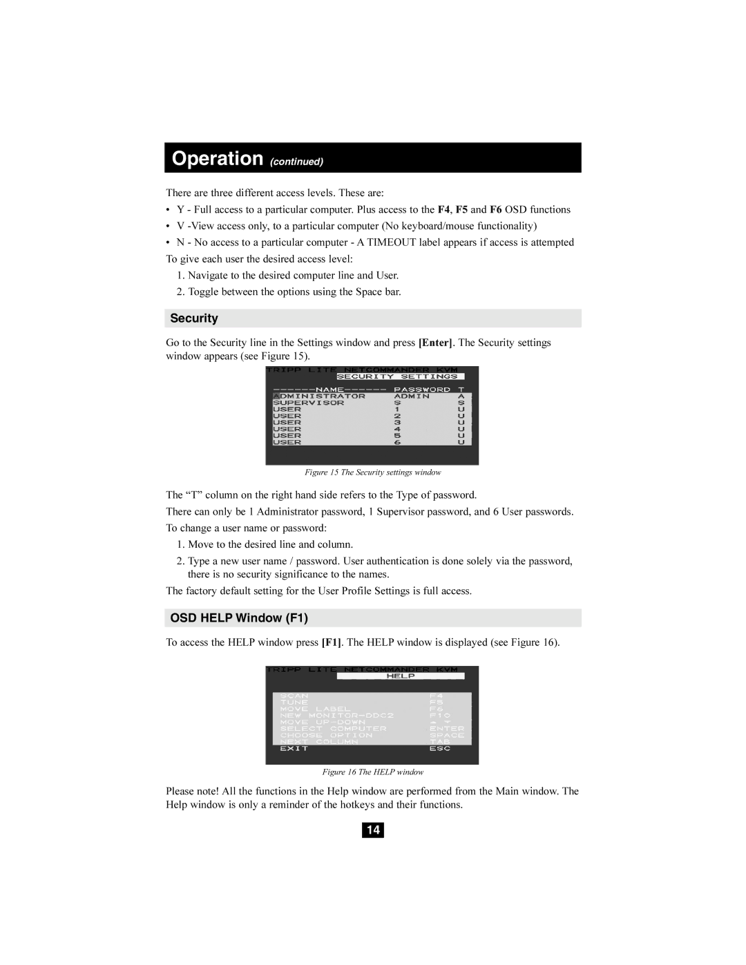 Tripp Lite B072-008-1, B072-016-1 owner manual Security, OSD Help Window F1 