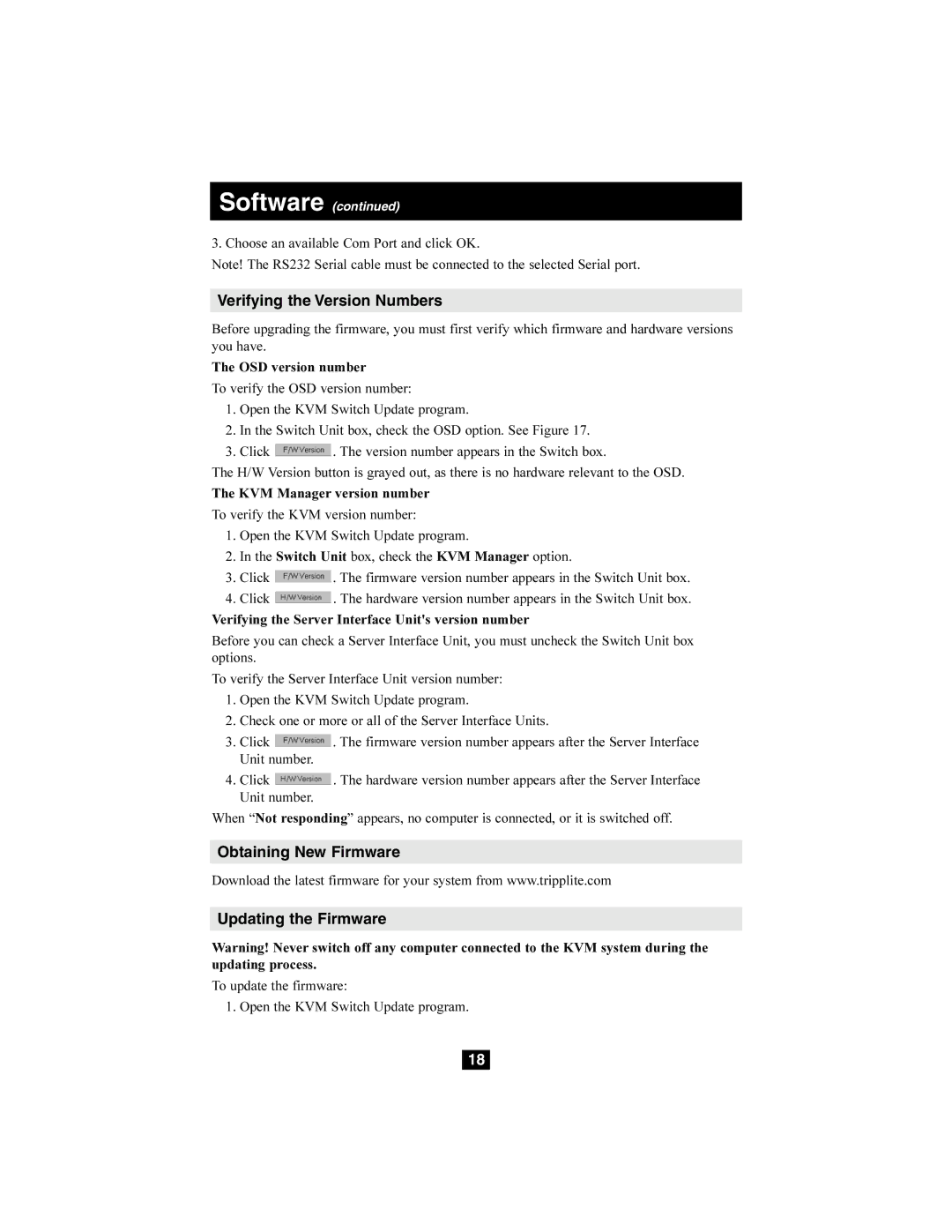 Tripp Lite B072-008-1, B072-016-1 owner manual Verifying the Version Numbers, Obtaining New Firmware Updating the Firmware 