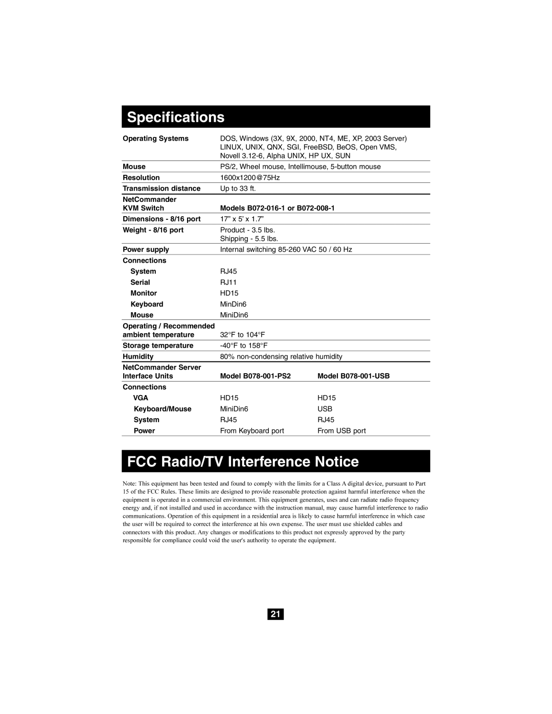 Tripp Lite B072-016-1, B072-008-1 owner manual Specifications, FCC Radio/TV Interference Notice 
