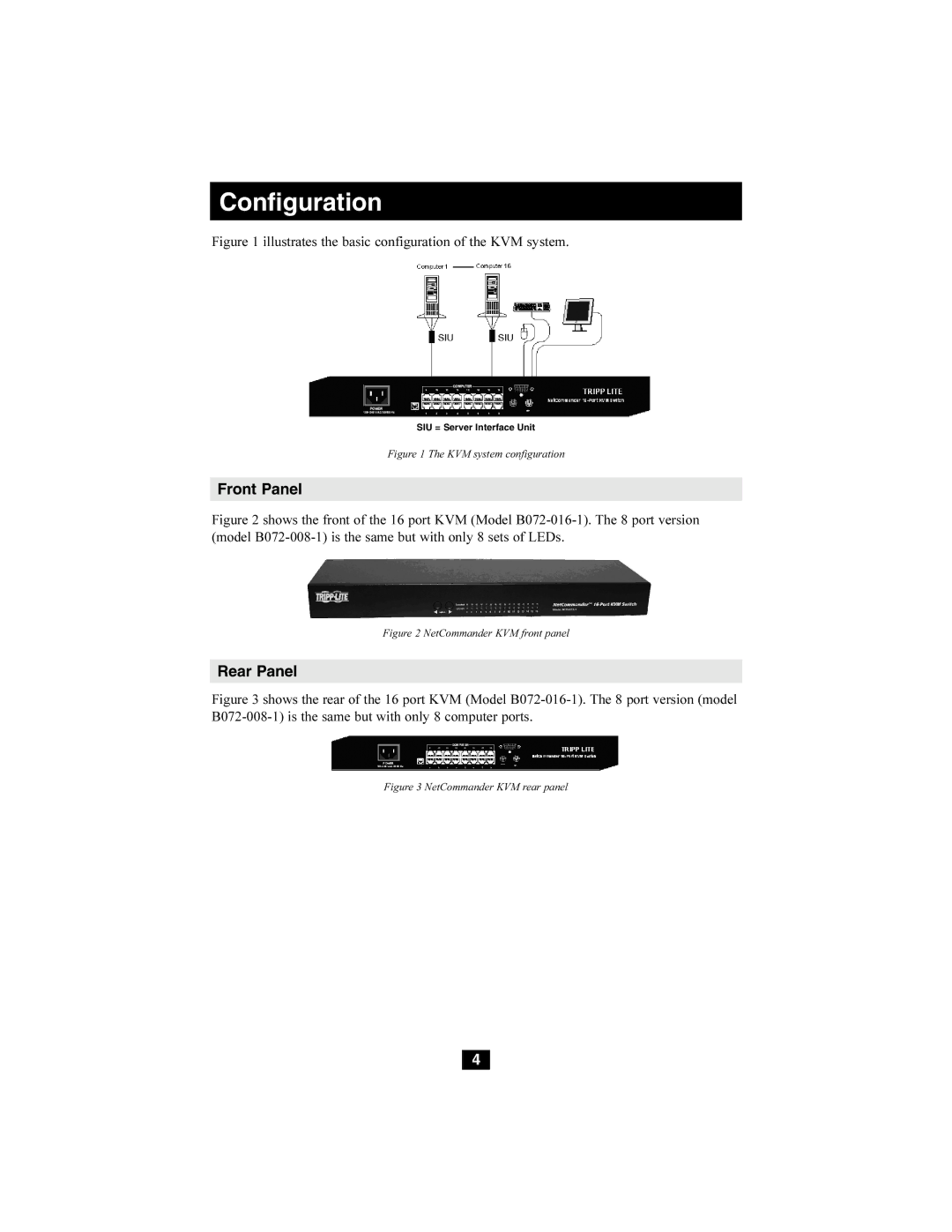 Tripp Lite B072-008-1, B072-016-1 owner manual Configuration, Front Panel, Rear Panel 